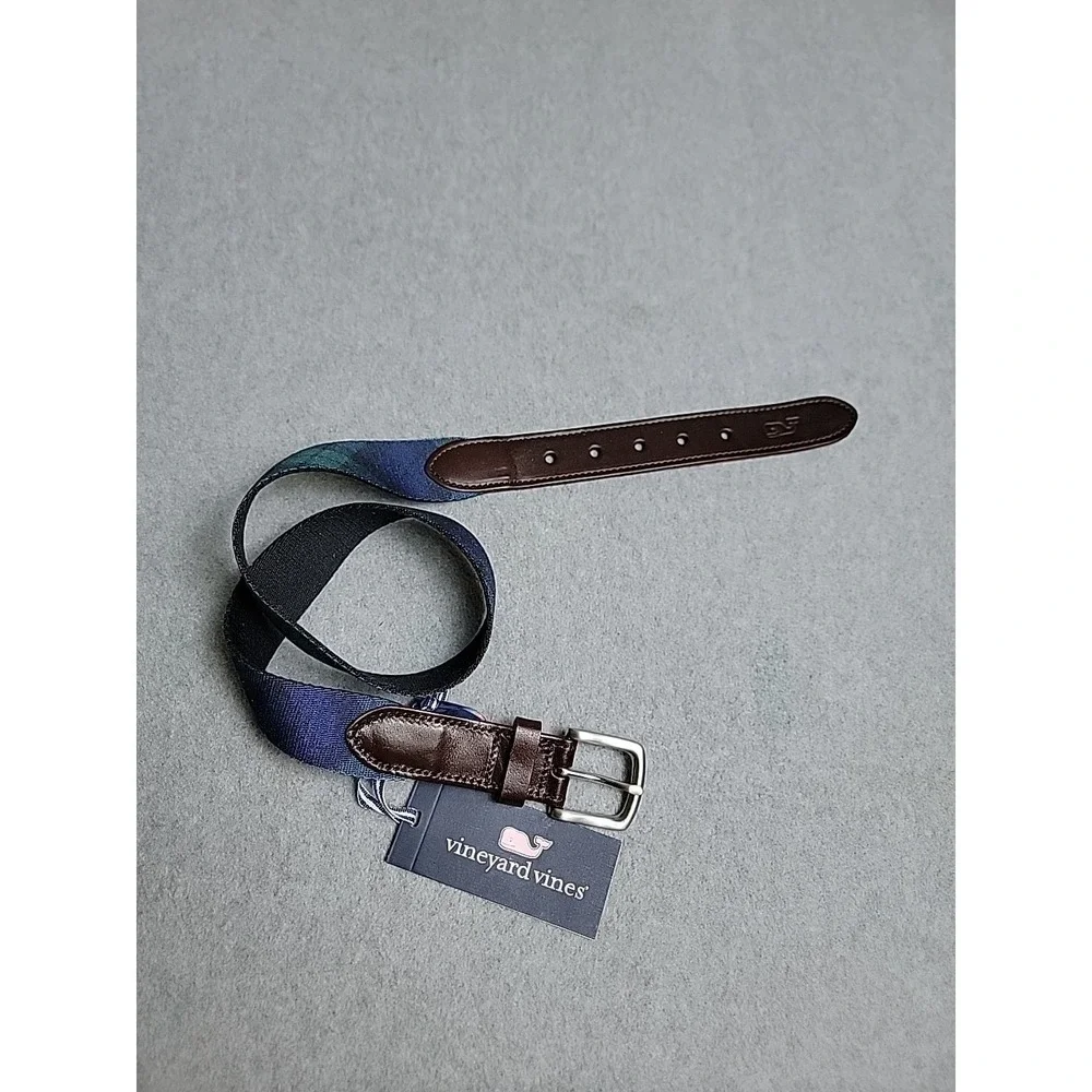 Vineyard Vines Belt Mens 30 Tartan Plaid Blue Green Leather Preppy Dad Whale NEW